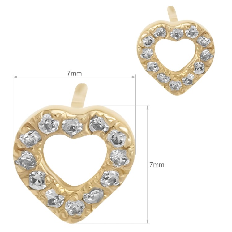 Złote kolczyki serca z cyrkoniami i ażurowym środkiem wymiary