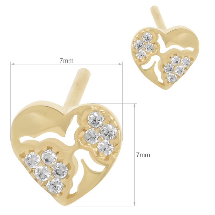 Złote kolczyki serca z ażurowym wzorem i cyrkoniami wymiary
