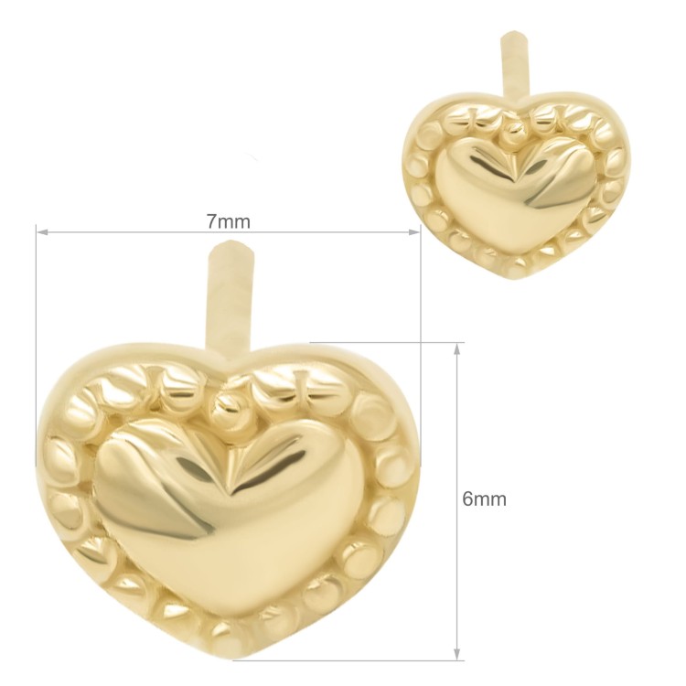 Złote kolczyki serduszka z wypukłym środkiem i dekoracyjnym brzegiem wymiary