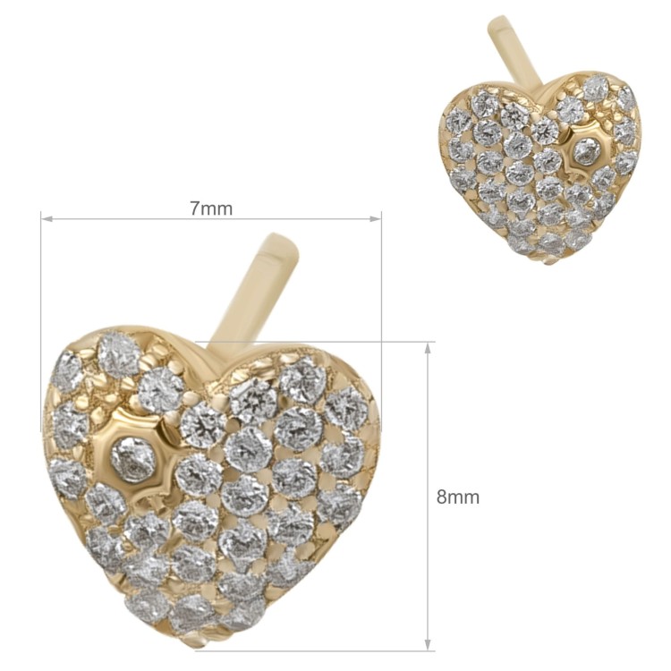 Złote kolczyki serca z gęsto oprawionymi cyrkoniami wymiary