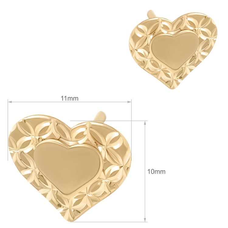 Złote kolczyki serca z ozdobnym diamentowanym rantem wymiary
