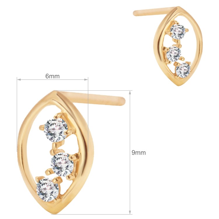 Złote kolczyki sztyfty z cyrkoniami w ażurowym kształcie markizy na białym tle wymiary