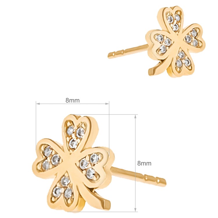 Złote kolczyki sztyfty w kształcie czterolistnej koniczyny z cyrkoniami na jasnym tle wymiary