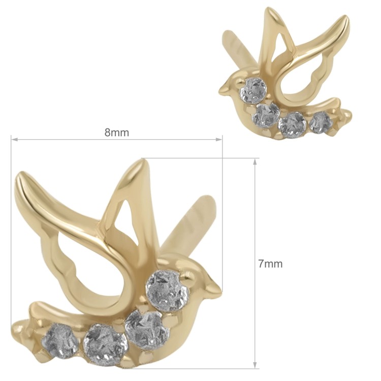 Złote kolczyki sztyfty w kształcie jaskółek z białymi cyrkoniami na jasnym tle wymiary