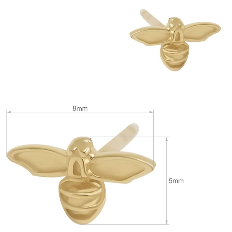 Złote kolczyki sztyfty w kształcie pszczół – para na jasnym tle wymiary