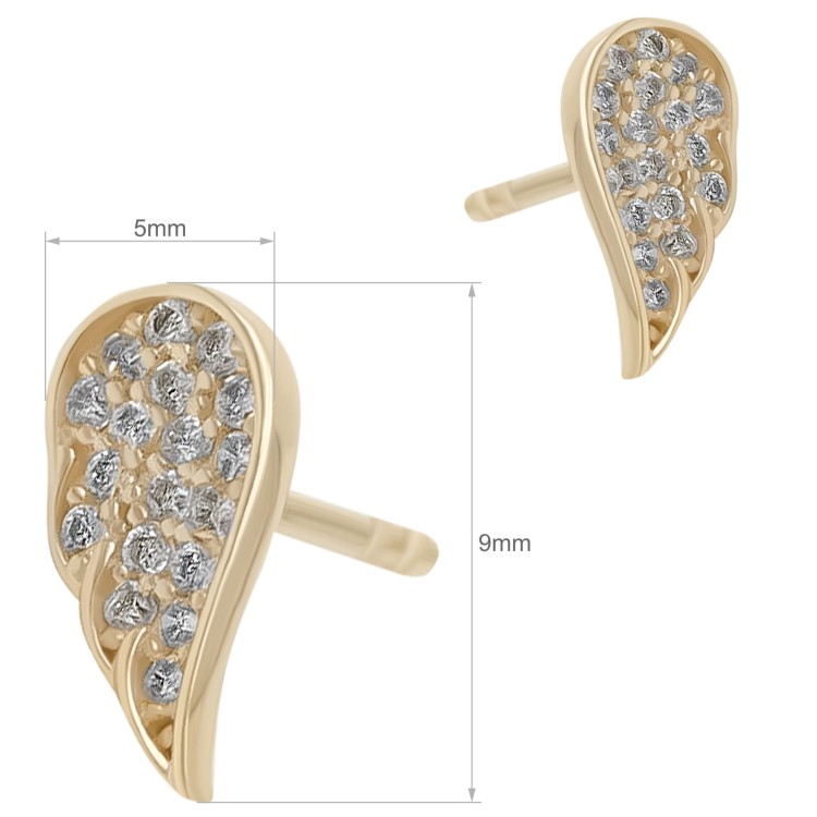 Złote kolczyki sztyfty w kształcie skrzydła z cyrkoniami na białym tle wymiary