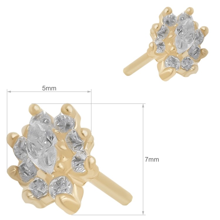 Złote kolczyki sztyfty z owalną cyrkonią i halo z drobnych kamieni na białym tle wymiary