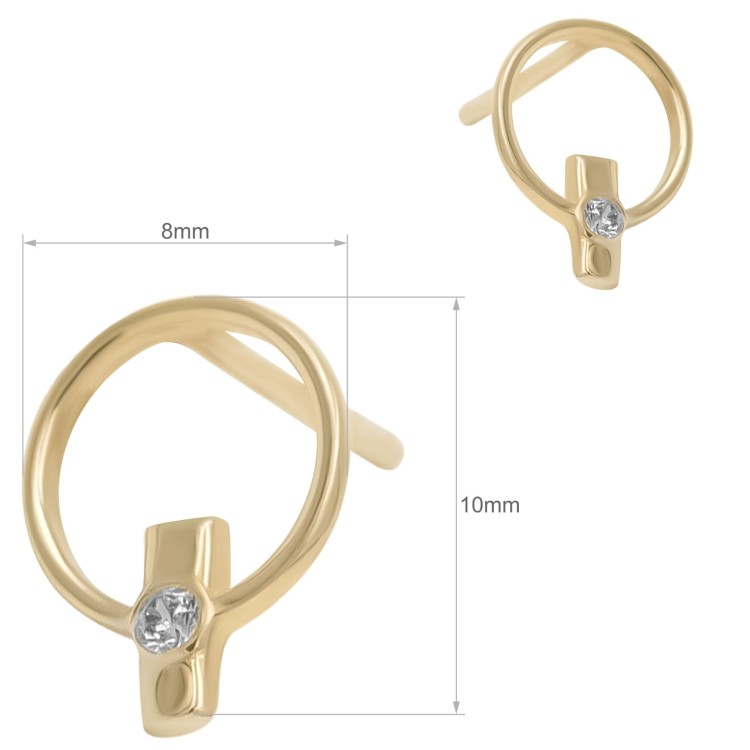 Złote kolczyki sztyfty w okrągłej formie z centralną cyrkonią na białym tle wymiary