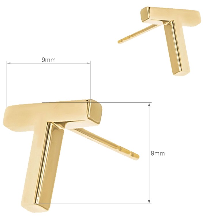 Złote kolczyki sztyfty w kształcie litery T na białym tle wymiary