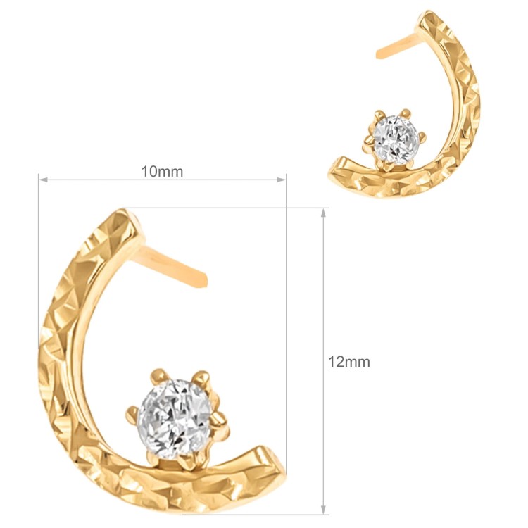 Para złotych kolczyków sztyftów w kształcie otwartego półkola z białym kamieniem na białym tle wymiary
