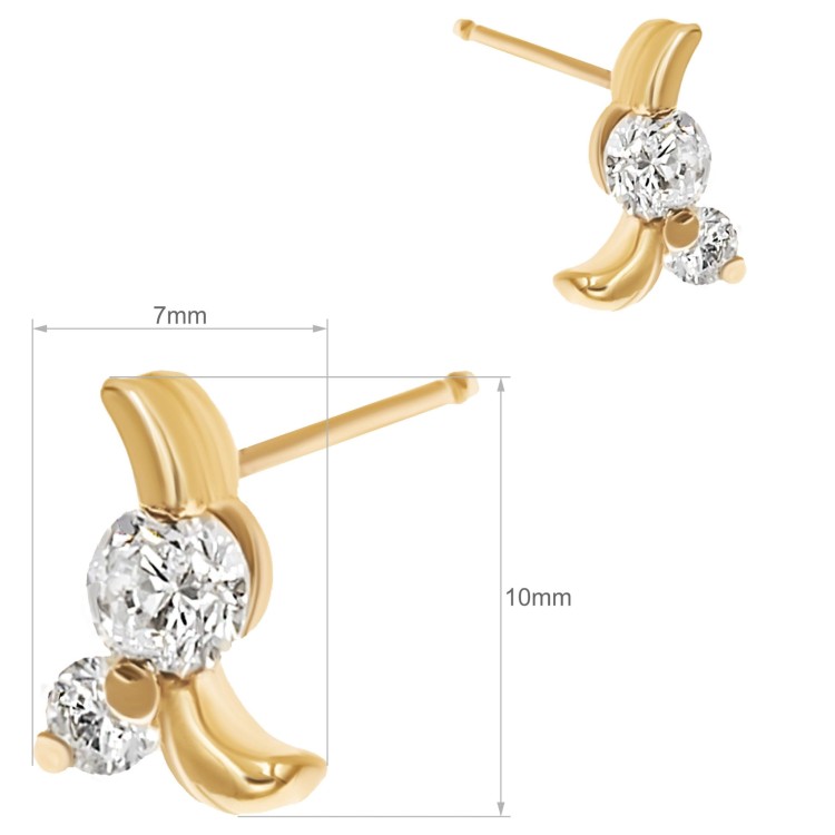 Para złotych kolczyków sztyftów z białymi kamieniami i falistym motywem na białym tle wymiary