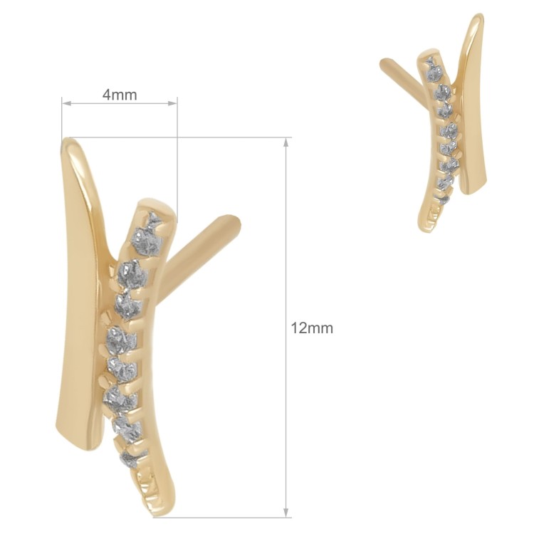 Para złotych kolczyków z krzyżującymi się liniami i białymi kamieniami na białym tle wymiary