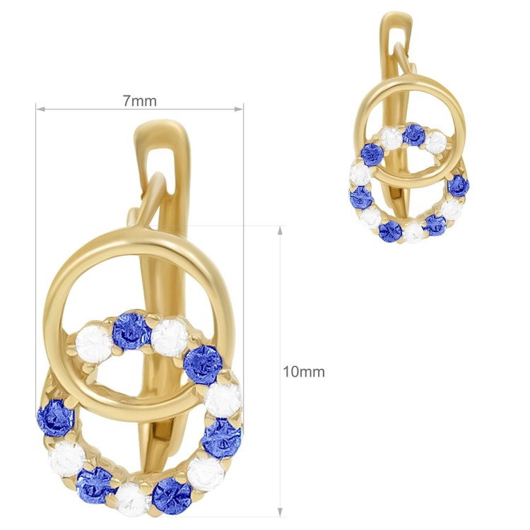 Para złotych kolczyków wiszących z motywem dwóch kół oraz niebieskimi i białymi kamieniami na białym tle wymiary