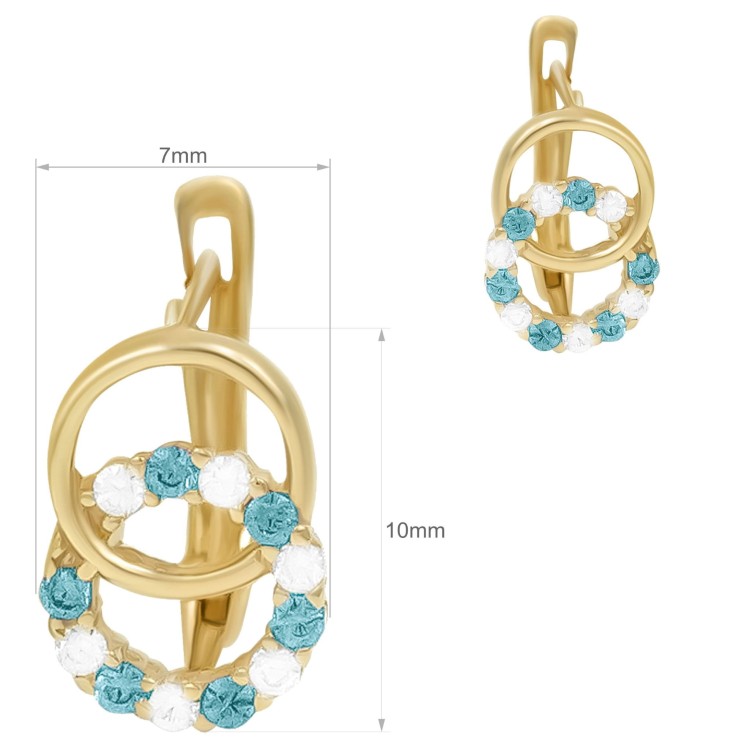 Para złotych kolczyków wiszących z motywem dwóch kół oraz niebieskimi i białymi kamieniami na białym tle wymiary