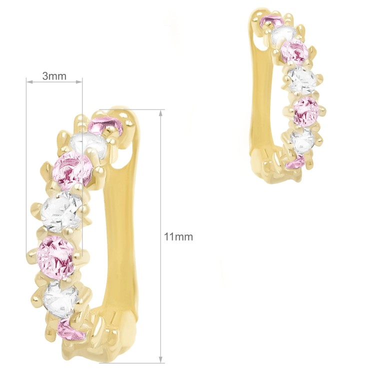Para złotych kolczyków kół z różowymi i białymi kamieniami na białym tle – widok z przodu wymiary