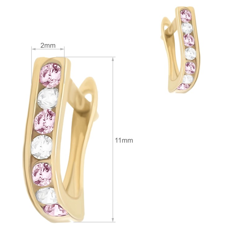 Złote kolczyki koła z różowymi i białymi kamieniami – widok z przodu wymiary