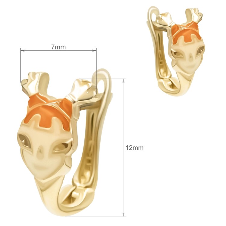 Para złotych kolczyków kół z motywem stylizowanej twarzy i pomarańczową emalią wymiary