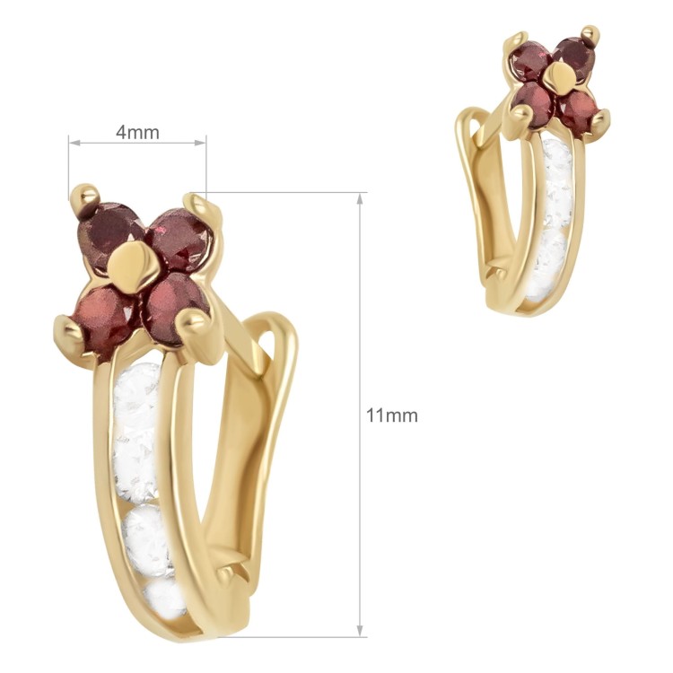 Para złotych kolczyków kół z bordowym kwiatkiem i białymi kamieniami wymiary