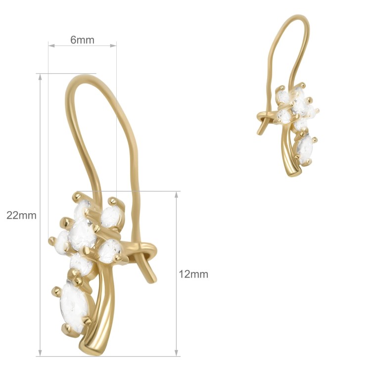 Para złotych kolczyków z białymi kamieniami w smukłej, eleganckiej oprawie wymiary