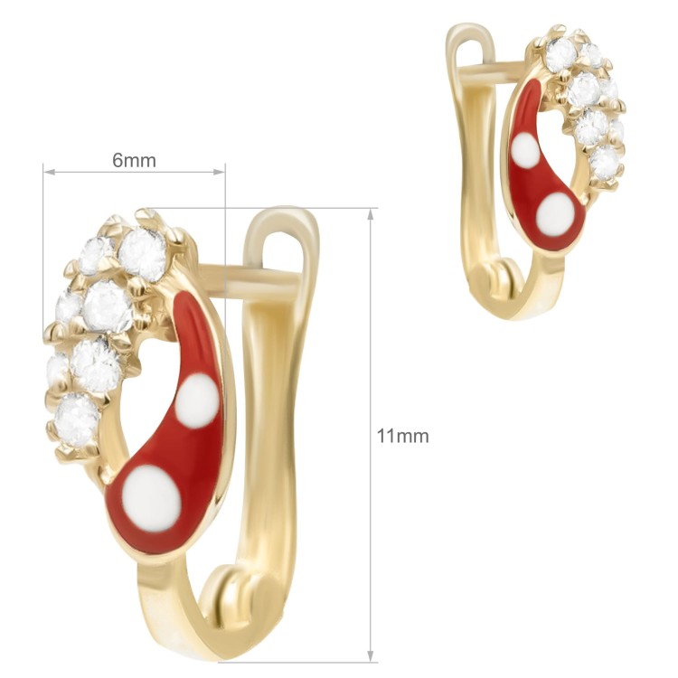 Para złotych kolczyków z czerwonym motywem łezki, białymi kropkami i białymi kamieniami wymiary