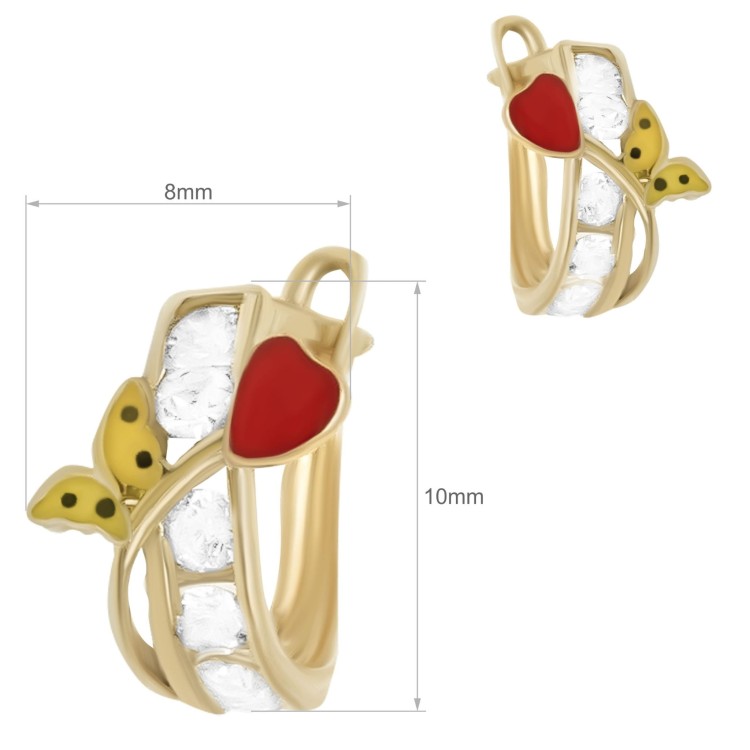 Para złotych kolczyków kół z czerwonym sercem, białymi kamieniami i żółtym motywem skrzydełek wymiary