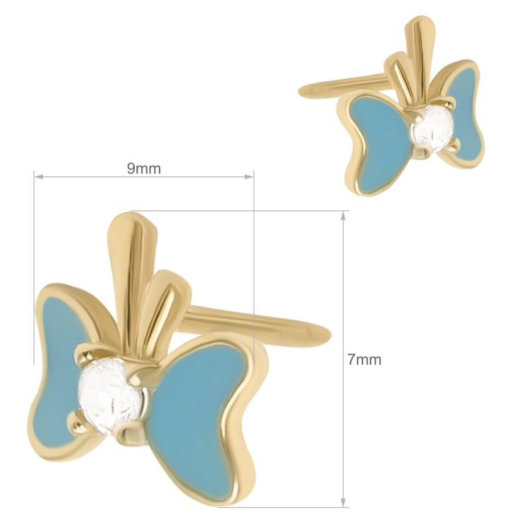 Para złotych kolczyków sztyftów z motywem motyla, niebieskimi skrzydłami i białym kamieniem wymiary