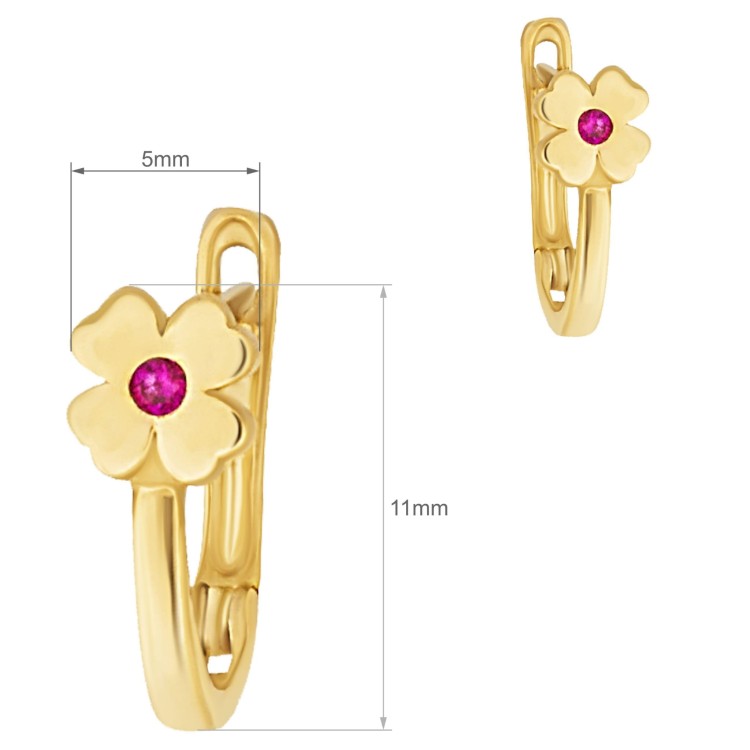 Złoty kolczyk koło z kwiatkiem i różowym kamieniem na jasnym tle wymiary