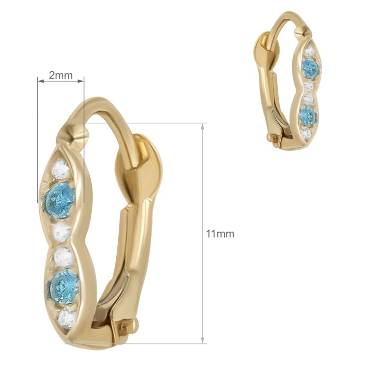 Złote kolczyki zatrzaskowe z niebieskimi i białymi cyrkoniami wymiary