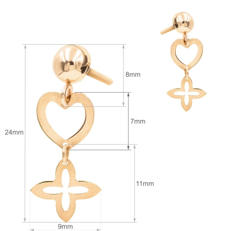 Złote kolczyki wiszące z ażurowym sercem i koniczyną wymiary