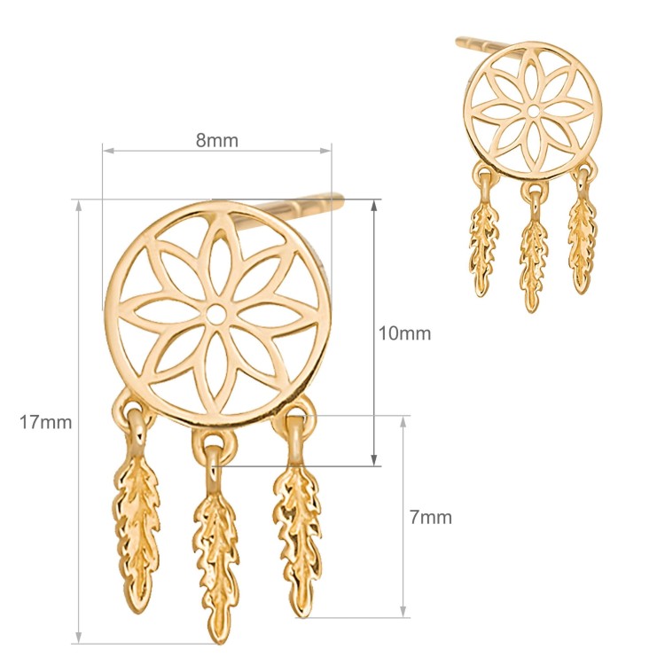 Złote kolczyki ażurowe z motywem rozety i wiszącymi piórkami wymiary