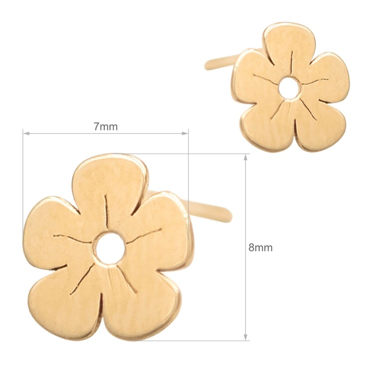 Złote kolczyki sztyfty w kształcie kwiatków wymiary