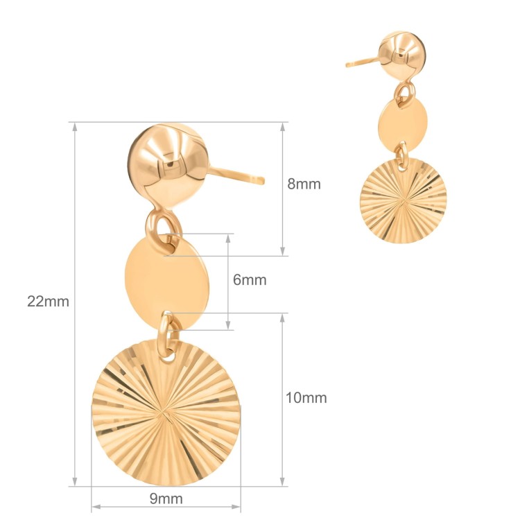 Złote kolczyki wiszące z okrągłymi zawieszkami i promienistym zdobieniem wymiary