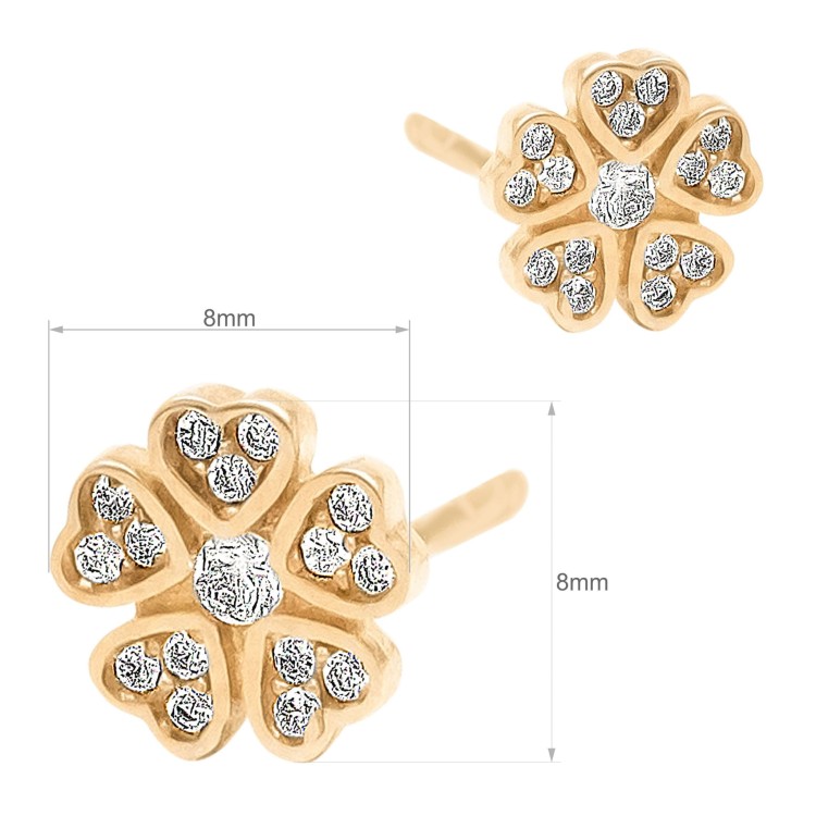 Złote kolczyki sztyfty w kształcie czterolistnej koniczyny ozdobione jasnymi kamieniami, prezentowane w parze na jasnym tle wymiary