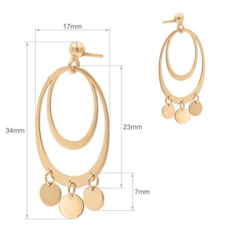Złote kolczyki wiszące z podwójnym owalem i trzema zawieszkami na jasnym tle wymiary