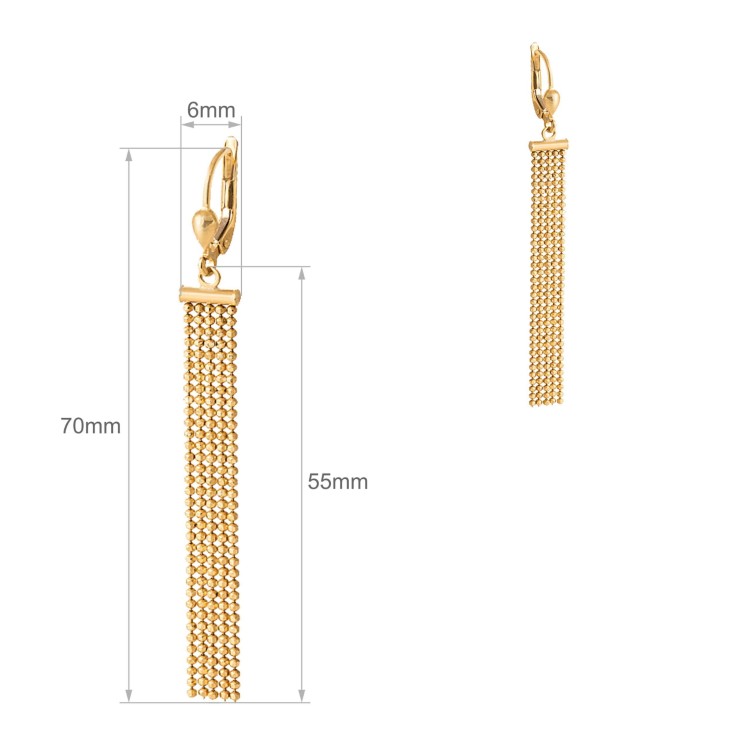 Złote kolczyki wiszące z długim łańcuszkowym chwostem na jasnym tle wymiary
