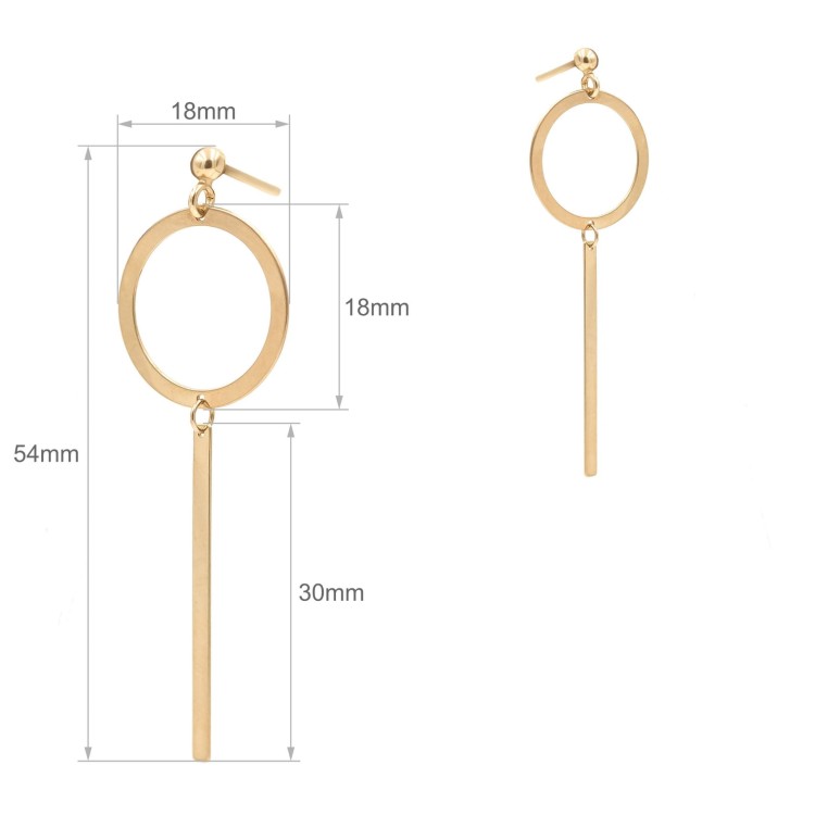 Złote kolczyki wiszące z okrągłym elementem i pionową pałeczką na jasnym tle wymiary