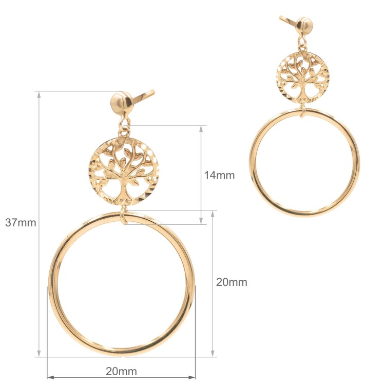 Kolczyk wiszący w złotym kolorze z motywem drzewa życia i dużym okręgiem na uchu  wymiary