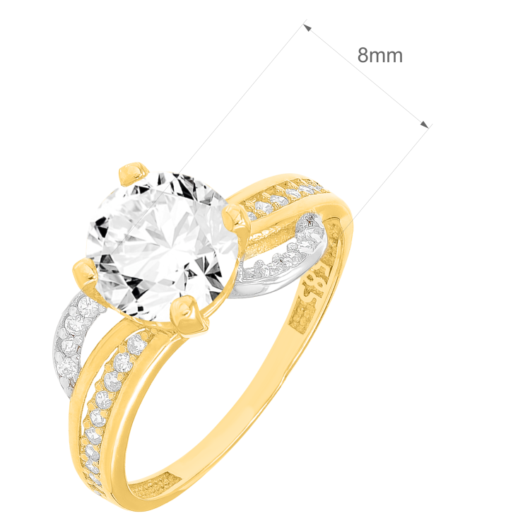 Złoty pierścionek z dużą cyrkonią i zdobioną obrączką