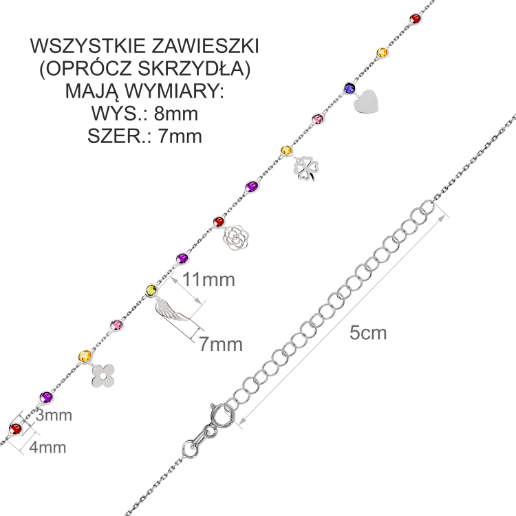 srebrny naszyjnik z kolorowymi cyrkoniami i zawieszkami koniczyna skrzydło serce kwiat wymiary
