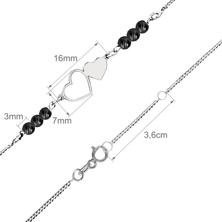 srebrny naszyjnik z połączonymi sercami i czarnymi koralikami wymiary