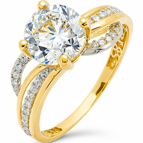 Złoty pierścionek z dużą cyrkonią i zdobioną obrączką