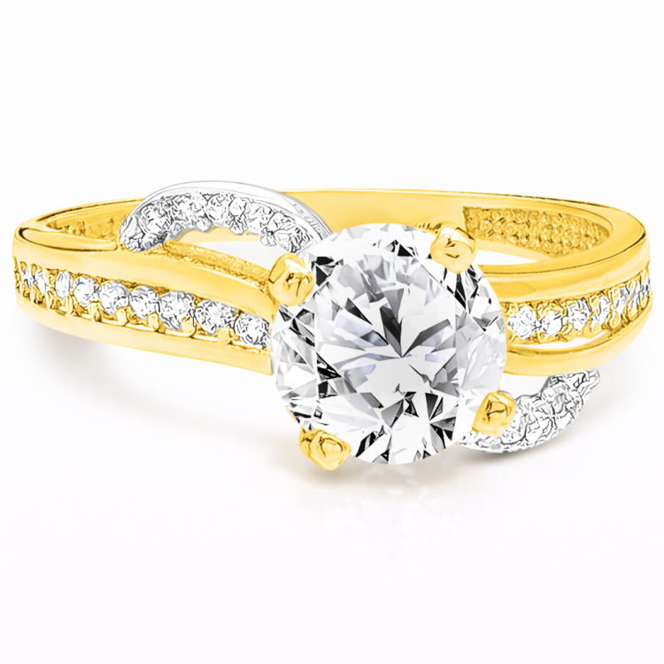 Złoty pierścionek z dużą cyrkonią i zdobioną obrączką