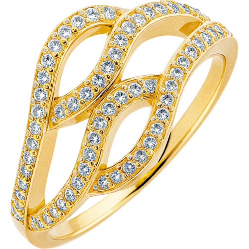 Złoty pierścionek ażurowy z cyrkoniami – przeplatane ogniwa