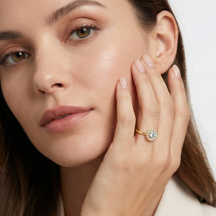 Złoty pierścionek z centralną cyrkonią i oprawą halo – subtelna klasyka