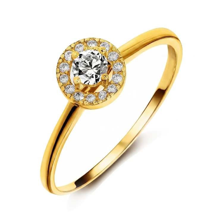 Złoty pierścionek z centralną cyrkonią i oprawą halo – subtelna klasyka