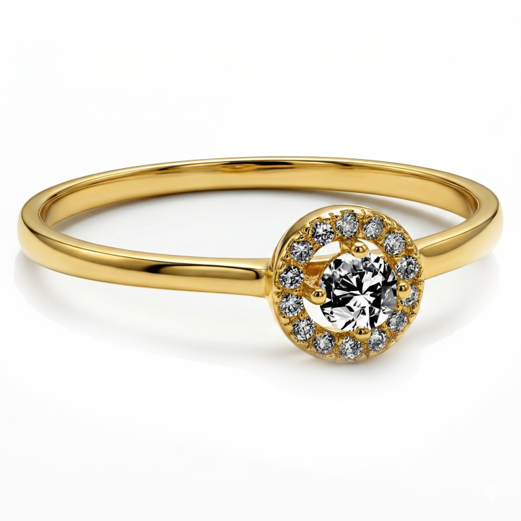 Złoty pierścionek z centralną cyrkonią i oprawą halo – subtelna klasyka