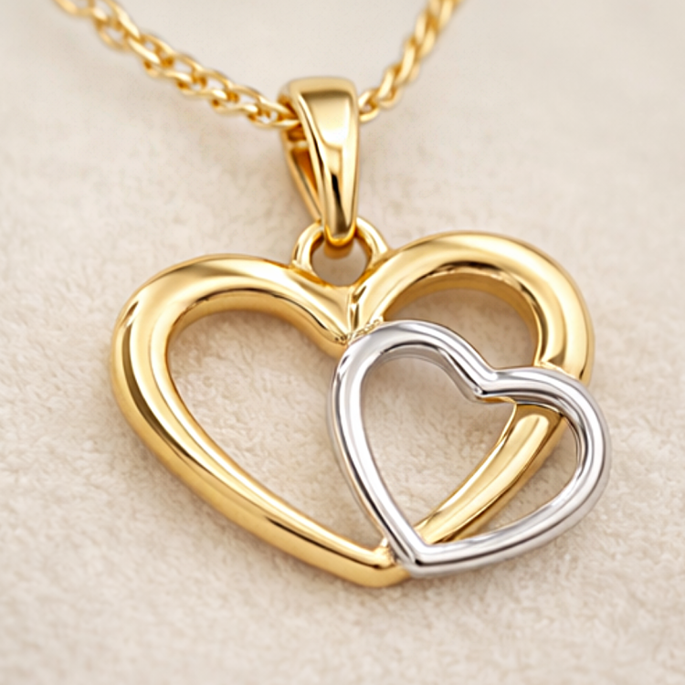 Złota zawieszka złączone serca zbliżenie z ukosa