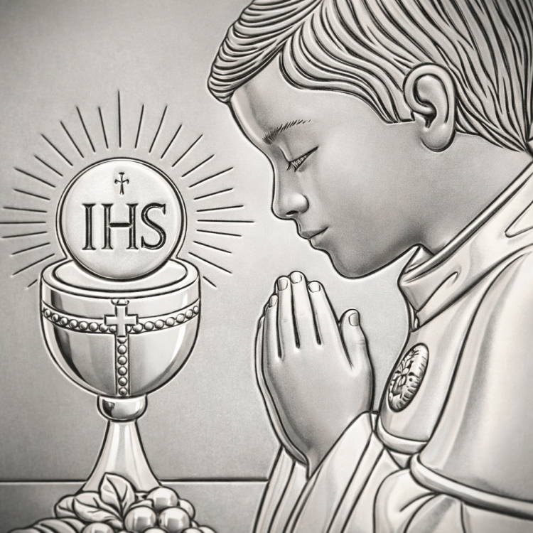 Makrodetal srebrnego obrazka komunijnego dla chłopca – twarz, tłoczenia i połysk srebra