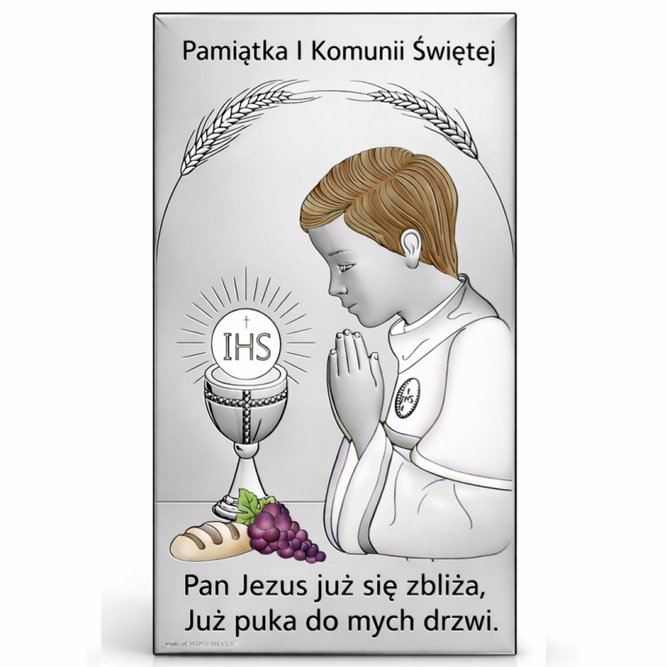 Srebrny obrazek pamiątka I Komunii Świętej chłopiec modlitwa na białym tle