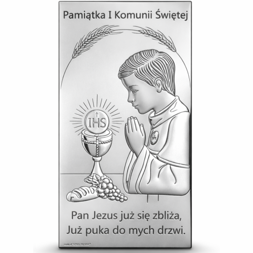 Srebrny obrazek komunijny dla chłopca – ujęcie na wprost na białym tle z delikatnym cieniem